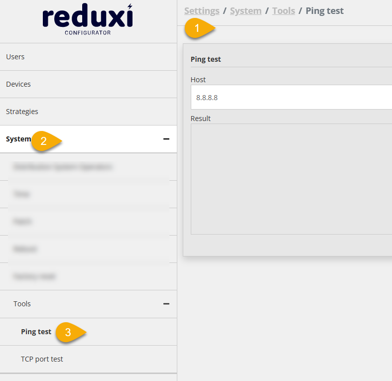 Orodje Ping test v System Tools v Reduxi Configurator: Host 8.8.8.8, Result prazno