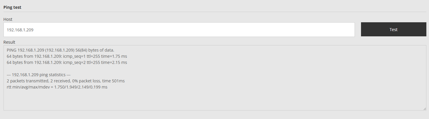 Ping test naslova 192.168.1.209 v Reduxi Configurator: 2 poslana paketa, 2 prejeta, 0% izgube paketov