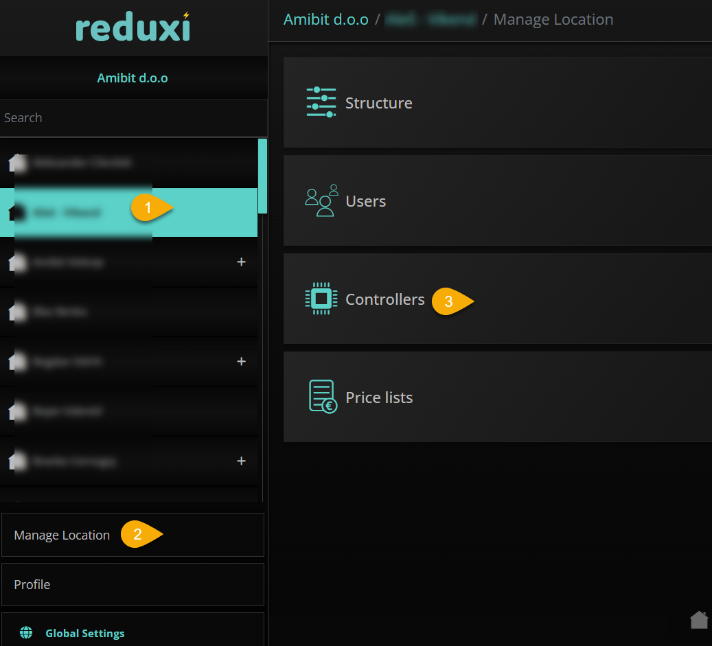 Manage Location v Reduxi Cloud: ploščice Structure, Users, Controllers (znak 3), Price lists