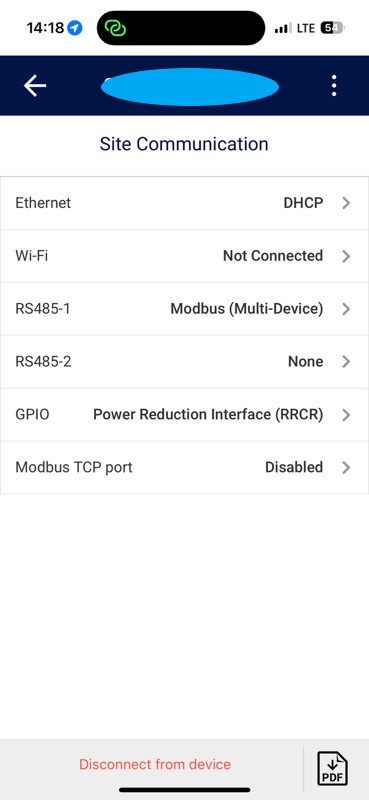 Site Communication v aplikaciji razsmernika: RS485-1 Modbus (Multi-Device), vrata Modbus TCP Disabled