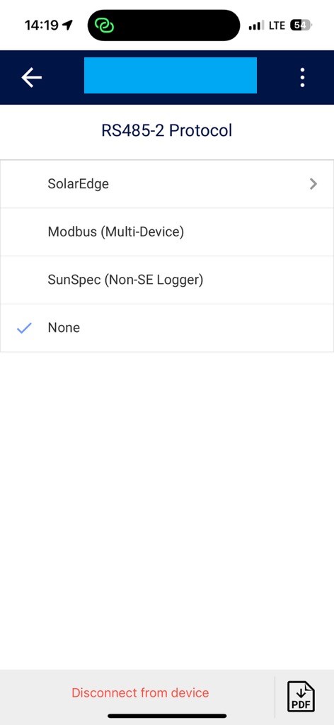Seznam Protocol za RS485-2 v aplikaciji razsmernika z izbranim None; možnosti SolarEdge, Modbus, SunSpec