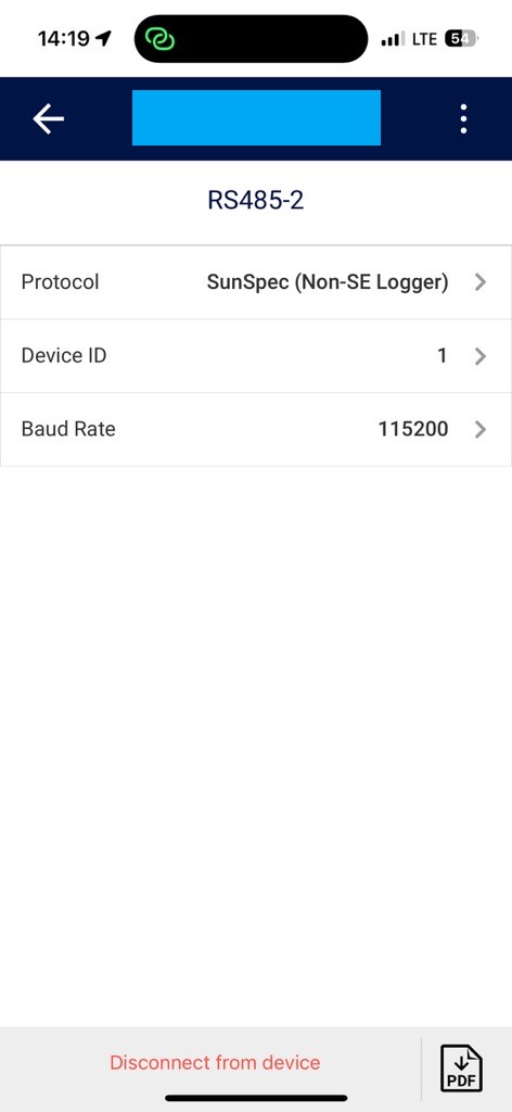 RS485-2 v aplikaciji razsmernika: Protocol SunSpec (Non-SE Logger), Device ID 1, Baud Rate 115200