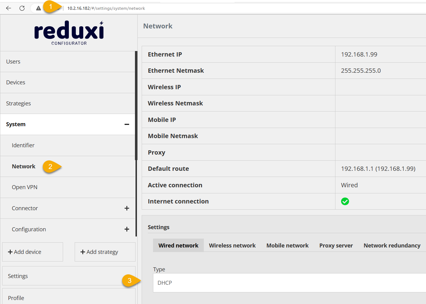 Stran System Network v Reduxi Configurator: Ethernet IP 192.168.1.99, nastavitve žičnega omrežja Type DHCP (znak 3)