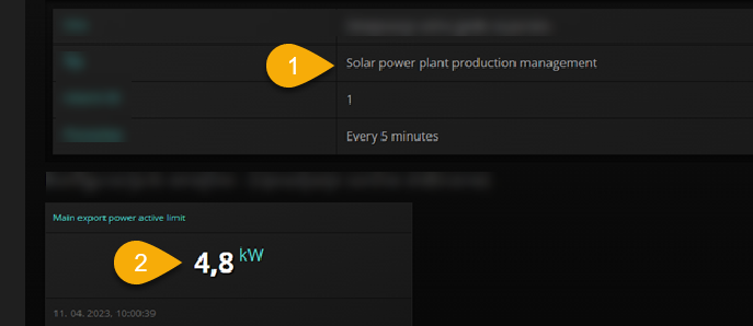 Reduxi Cloud: strategy Solar power plant production management (1) and Main export power active limit 4,8 kW (2)