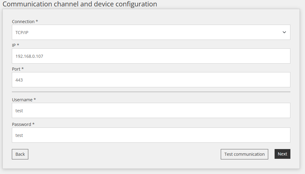 Komunikacijske nastavitve v Reduxi Configurator: TCP/IP, IP 192.168.0.107, vrata 443, uporabniško ime test
