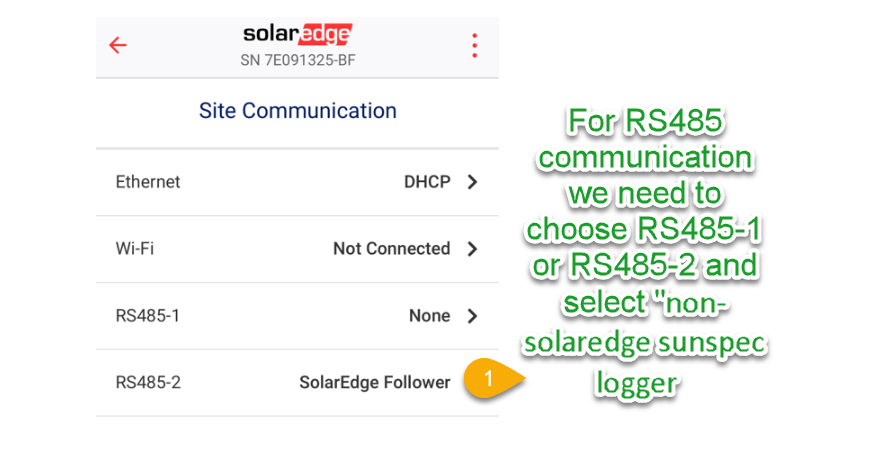 SolarEdge SetApp Site Communication: Ethernet DHCP, Wi-Fi Not Connected, RS485-1 None, RS485-2 SolarEdge Follower