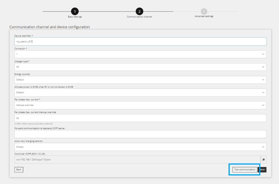 Korak OCPP komunikacije u Reduxi Configuratoru: device identifier my_station_ID1, AC charger, max current 32, Test communication označen