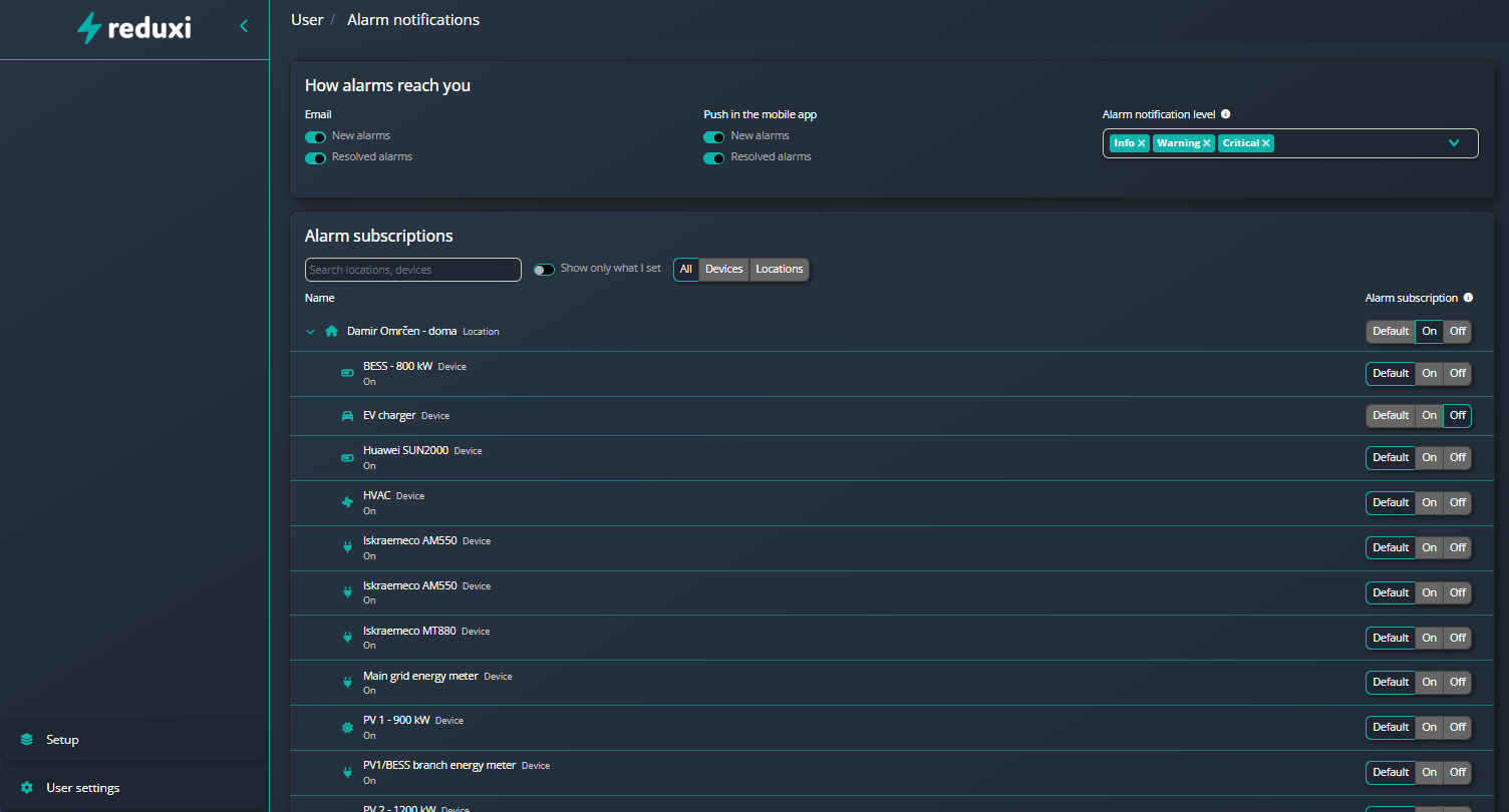 Reduxi Cloud, Alarm notifications s popisom pretplata po lokaciji i uređaju, EV punjač postavljen na Off