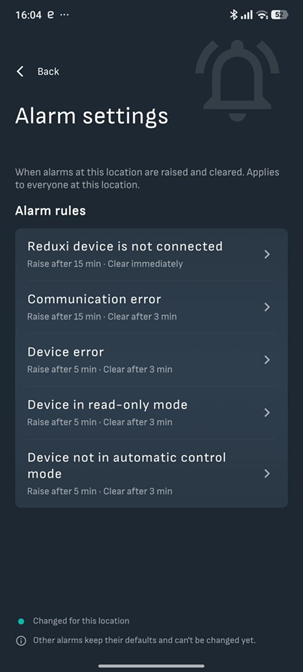 Reduxi-sovelluksen Alarm settings, viisi hälytyssääntöä ja niiden antamis- ja päättymisajat