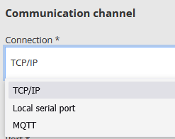Reduxi Configuratorin Communication channel: Connection-valikko auki, vaihtoehdot TCP/IP, Local serial port, MQTT