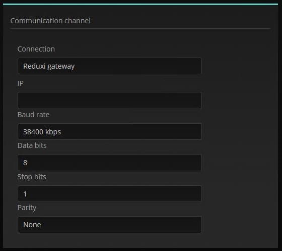 Reduxi Configurator Communication channel: Reduxi gateway, 38400 kbps, 8 podatkovnih bitov, 1 stop bit, brez paritete