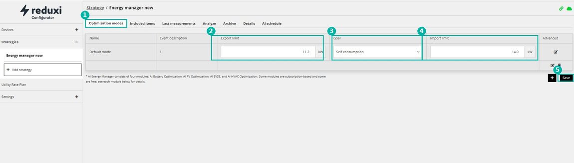 Reduxi Configurator, Optimization modes: Default mode, vientiraja 11.2 kW, omakäyttö, tuontiraja 14.0 kW