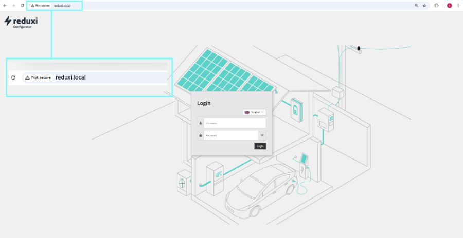 Prohlížeč na adrese reduxi.local zobrazující přihlašovací dialog Reduxi Configurator