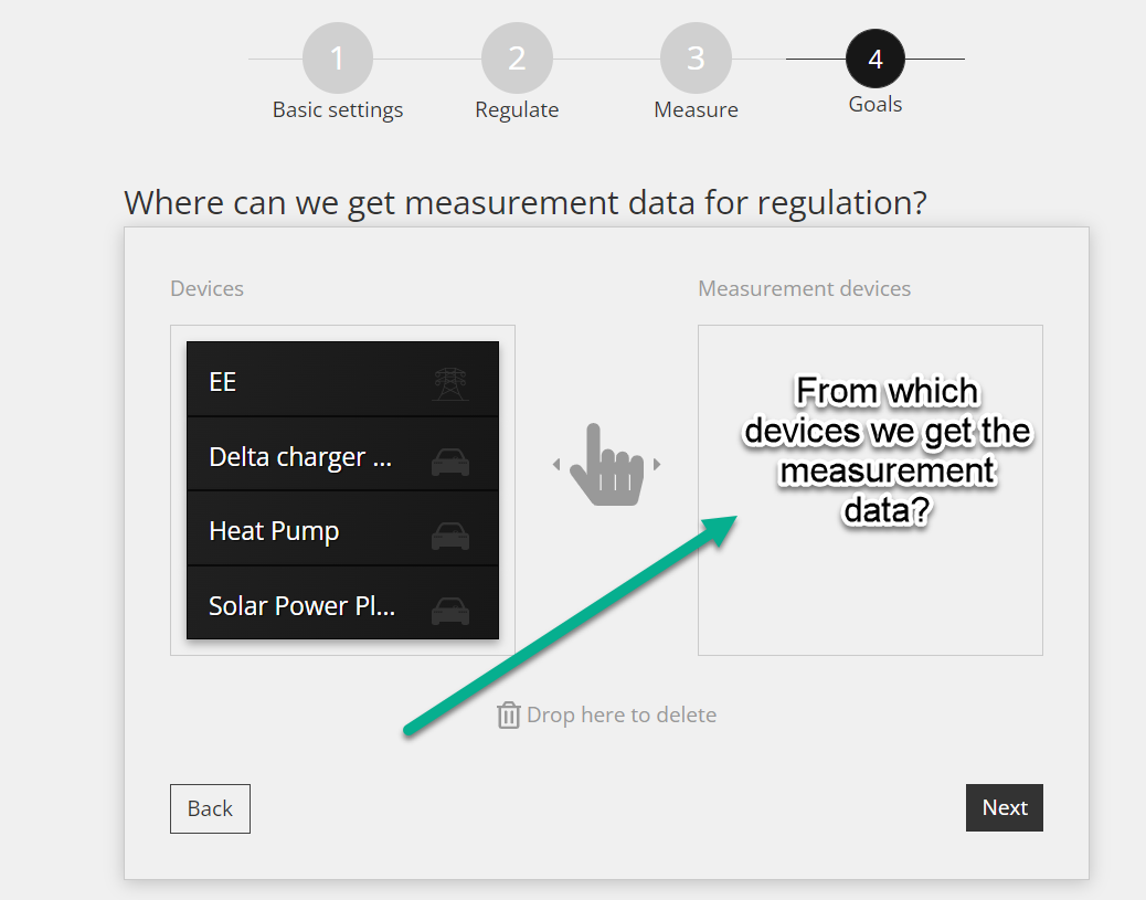 Reduxi Configurator strategy wizard step Where can we get measurement data: seznam naprav in prazno polje za merilne naprave