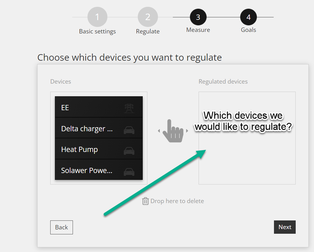 Reduxi Configurator strategy wizard step Choose which devices you want to regulate: seznam naprav in prazno polje za regulirane naprave