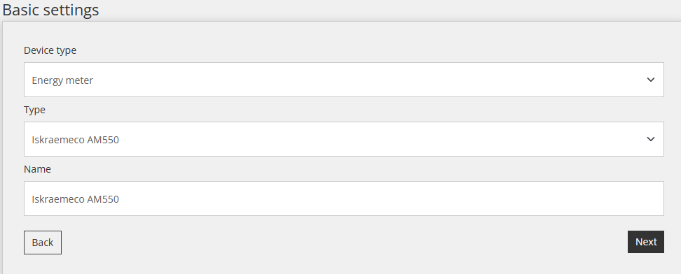 Reduxi Configurator, Basic settings: device type Energy meter, type Iskraemeco AM550