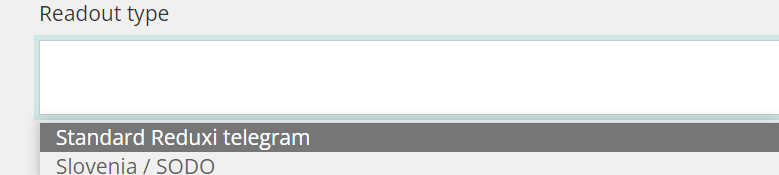 Reduxi Configurator, spustni meni Readout type: Standard Reduxi telegram, Slovenia / SODO