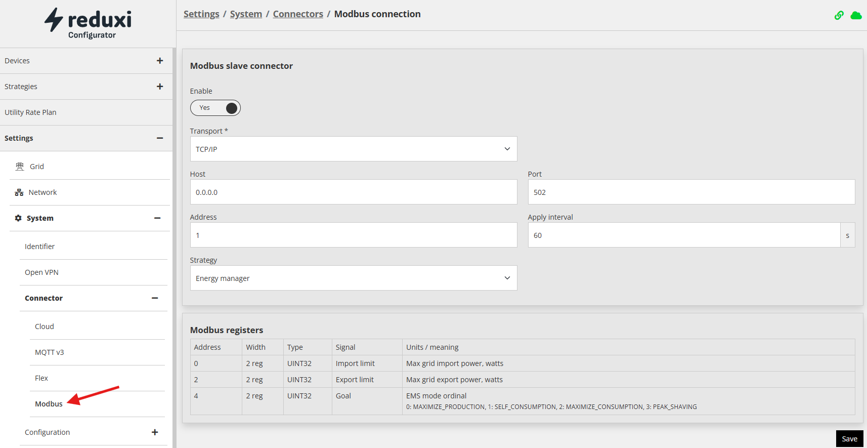 Reduxi Configuratorin Modbus slave connector: käytössä, TCP/IP, portti 502, osoite 1, Energy manager
