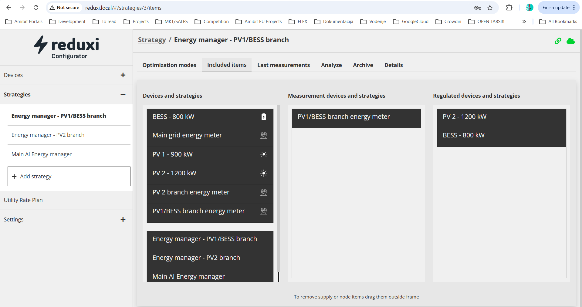 Configurator, Energy manager PV1/BESS branch, Included items: laitteet, mittaus- ja ohjattavat luettelot