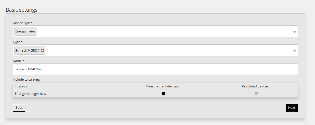 Základní nastavení v Reduxi Configurator: device type Energy meter, type Schrack MGRZK465