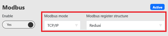Nastavení Modbus v P1 Ultra: Enable Yes, Modbus mode TCP/IP, register structure Reduxi, stav Active