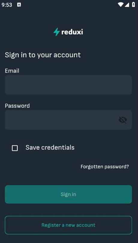 Přihlašovací obrazovka aplikace Reduxi s poli Email a Password a tlačítkem Register a new account