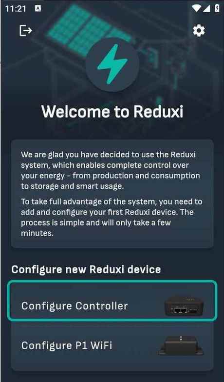 Uvítací obrazovka aplikace Reduxi s možnostmi Configure Controller (zvýrazněno) a Configure P1 WiFi