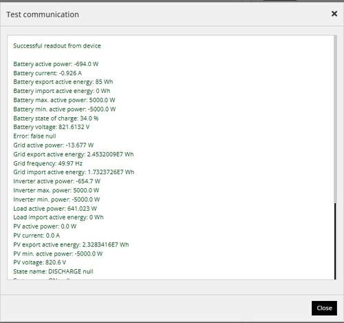 Dialog Test communication s úspěšným načtením: hodnoty baterie, sítě, střídače, zátěže a FVE