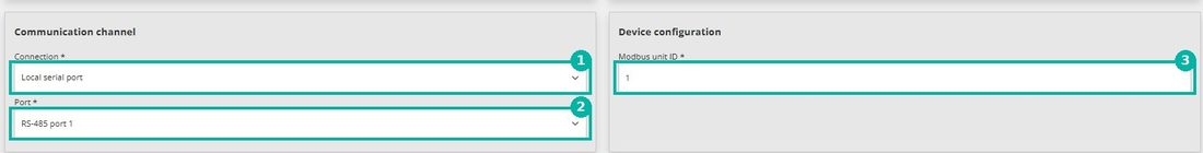 Reduxi Configurator, комуникационен канал: Local serial port, RS-485 port 1, Modbus unit ID 1