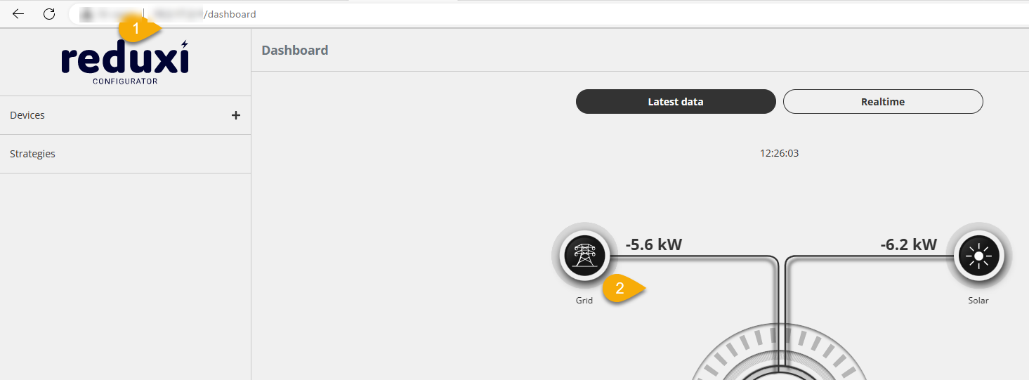 Nadzorna plošča Reduxi Configurator, Latest data ob 12:26:03: Grid -5.6 kW, Solar -6.2 kW