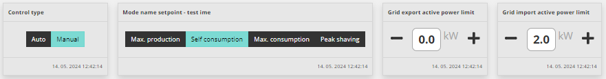 Reduxi Configurator, kontrolniki: ročno upravljanje, način Self consumption, oddaja 0.0 kW, odjem 2.0 kW
