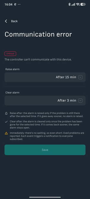 Pravilo alarma Communication error u aplikaciji Reduxi: Critical, pokretanje nakon 15 min, zatvaranje nakon 3 min