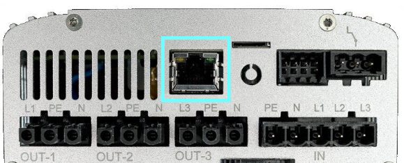Priključci na donjoj strani uređaja AC THOR 9s s LAN priključkom istaknutim cijan okvirom