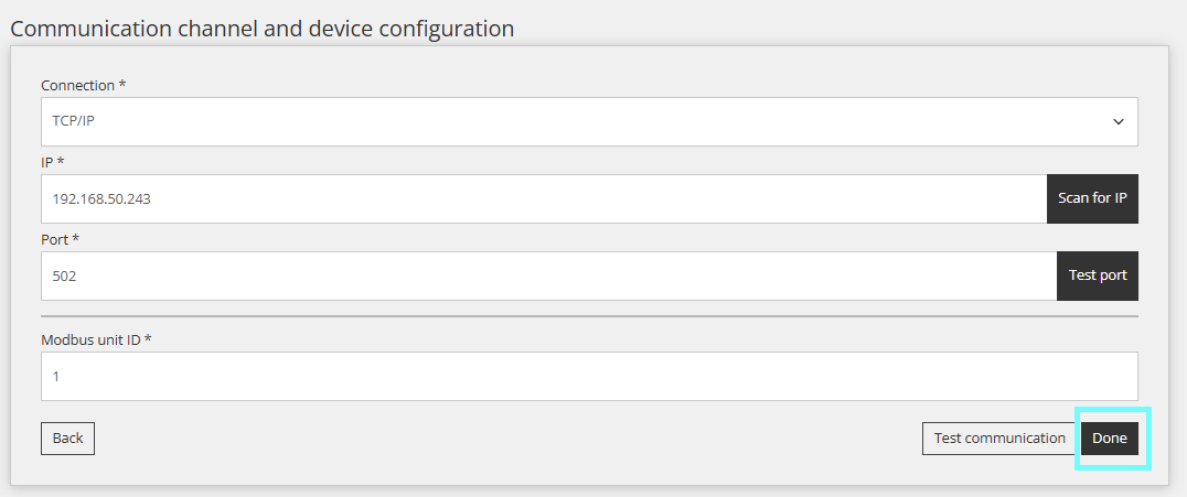 Komunikacijski kanal Reduxi Configuratora: TCP/IP, IP 192.168.50.243, port 502, gumb Done označen