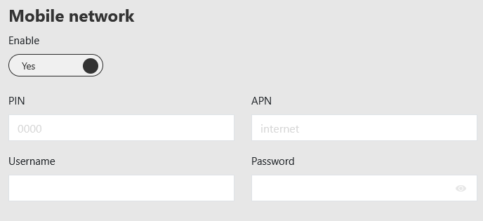P1 Ultra Pron Mobile network -asetukset: Enable Yes, PIN-, APN-, Username- ja Password-kentät tyhjiä