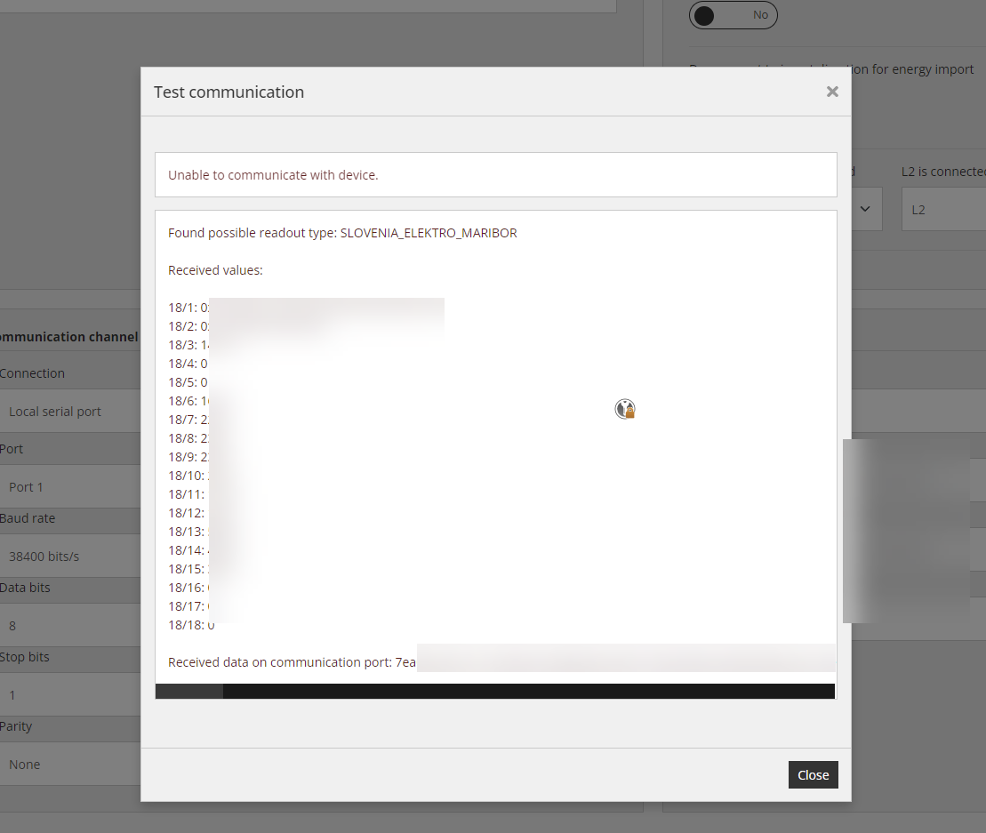 Test komunikacije v programu Reduxi Configurator ne uspe, vendar predlaga readout type SLOVENIA_ELEKTRO_MARIBOR