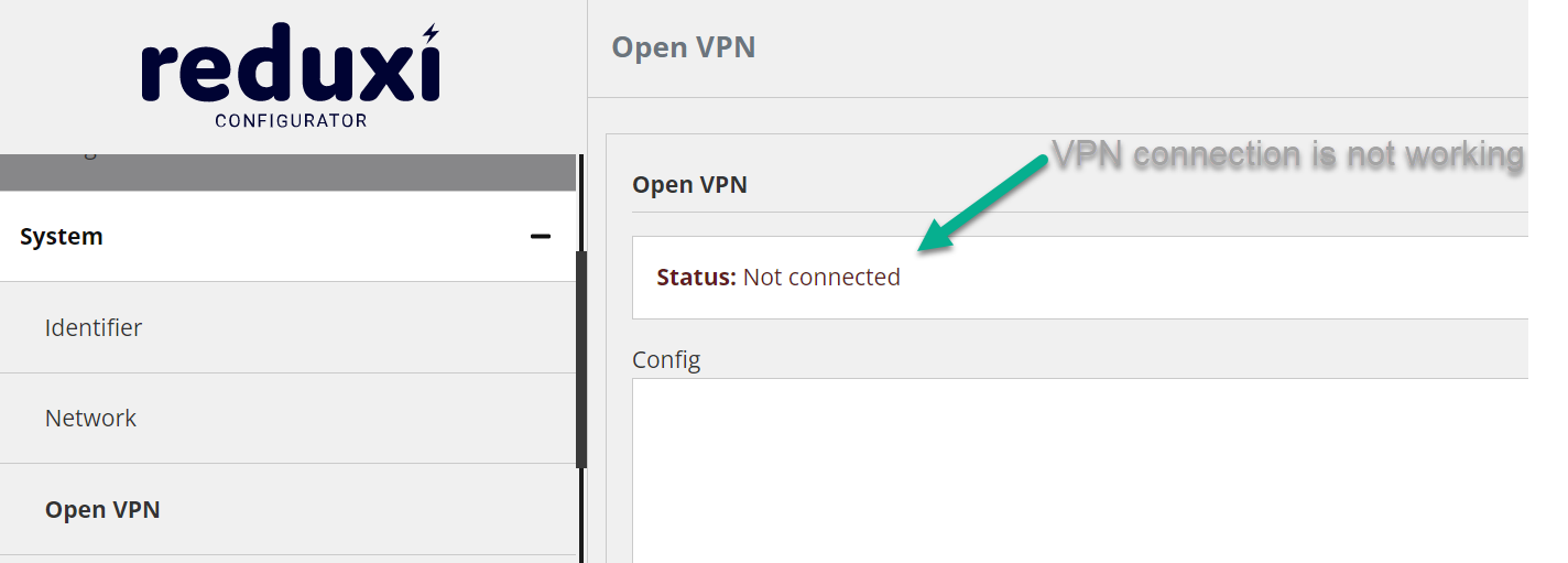 Stran Open VPN v programu Reduxi Configurator: Status Not connected, zelena puščica VPN connection is not working