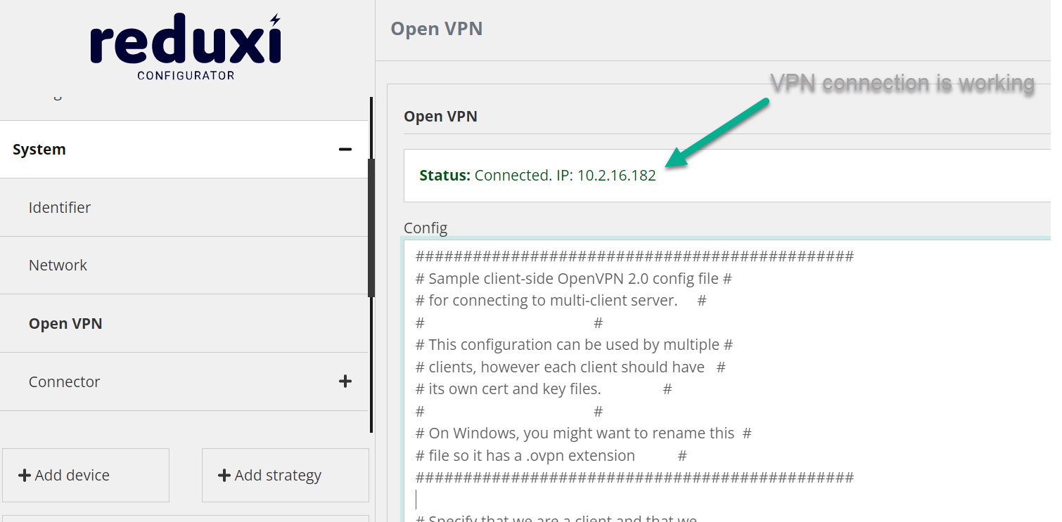 Stran Open VPN v programu Reduxi Configurator: Status Connected, IP 10.2.16.182, zelena puščica VPN connection is working
