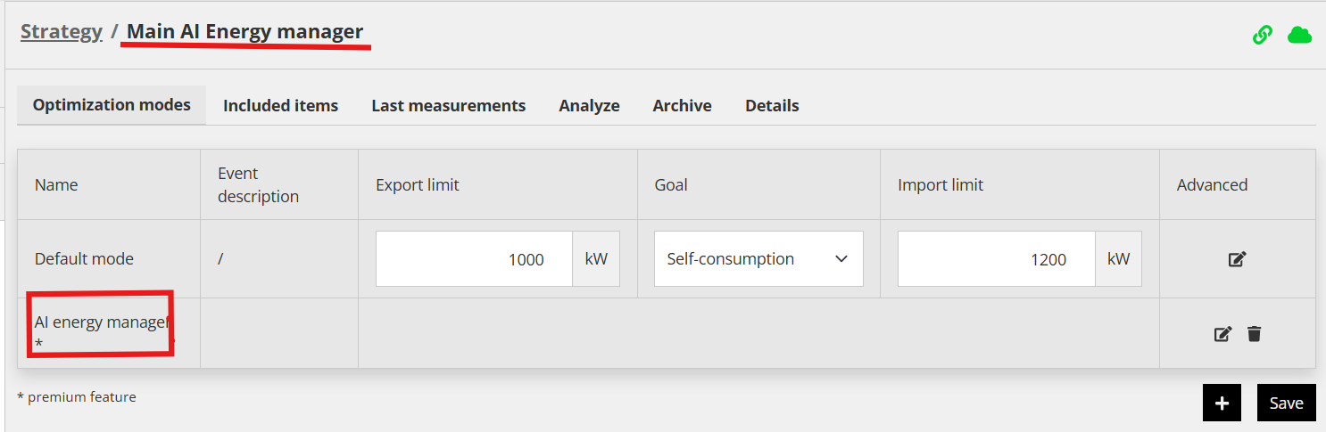 Configurator Main AI Energy manager: Default mode isporuka 1000 kW, preuzimanje 1200 kW, redak AI označen