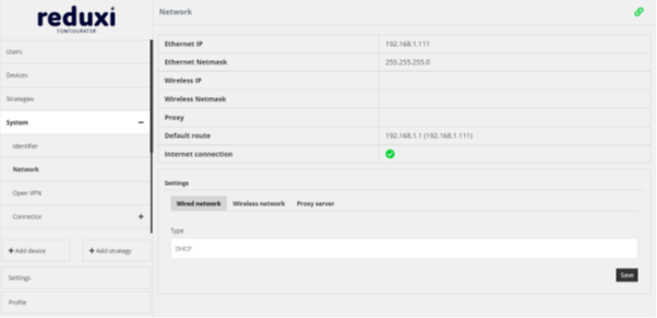 Stran Network v programu Reduxi Configurator, zavihek Wired network: Type DHCP, Internet connection z zeleno kljukico