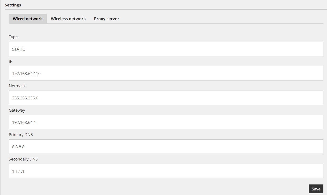 Reduxi Configurator Settings, Wired network: STATIC, IP 192.168.64.110, gateway 192.168.64.1, DNS 8.8.8.8 in 1.1.1.1