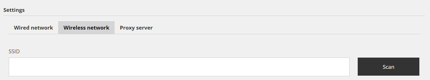 Reduxi controller Settings, zavihek Wireless network: prazno polje SSID in gumb Scan