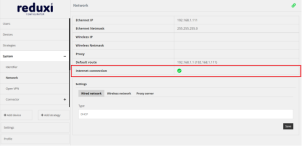 Stran Network v programu Reduxi Configurator: vrstica Internet connection z zeleno kljukico, označena z rdečim okvirjem
