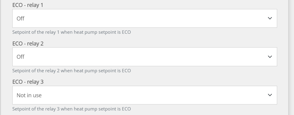 Настройки на релетата в Reduxi Configurator за setpoint ECO: реле 1 Off, реле 2 Off, реле 3 Not in use