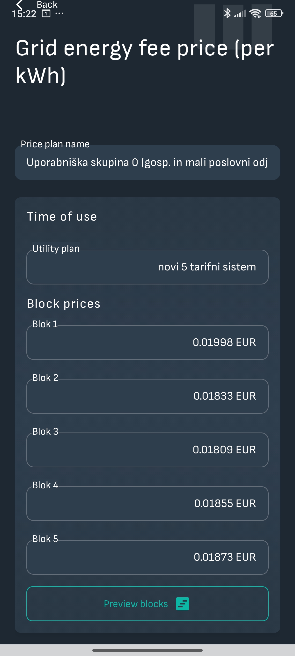 Приложение Reduxi, Grid energy fee price per kWh: utility plan novi 5 tarifni sistem, цени от Blok 1 до Blok 5 в EUR
