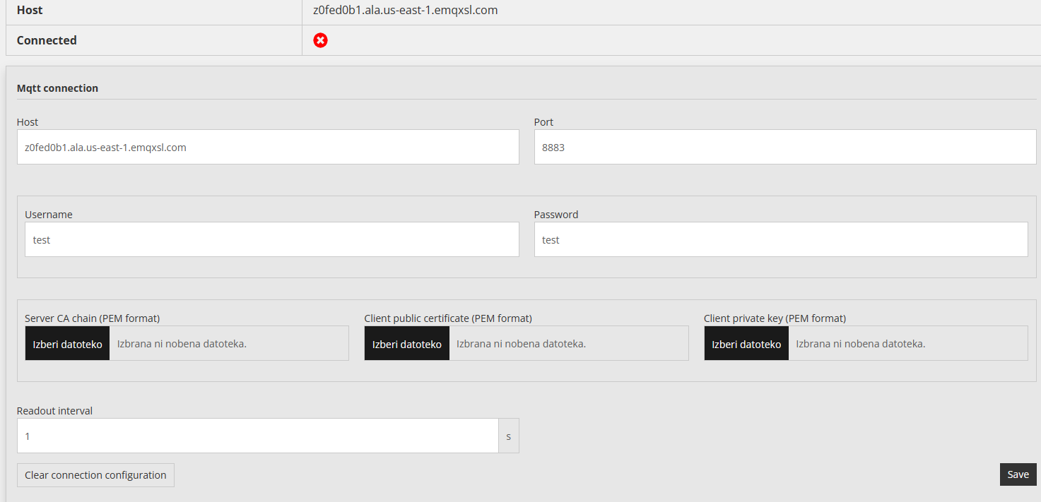 Povezava MQTT v Reduxi Configurator: host z0fed0b1.ala.us-east-1.emqxsl.com, vrata 8883, uporabnik test, ni povezano