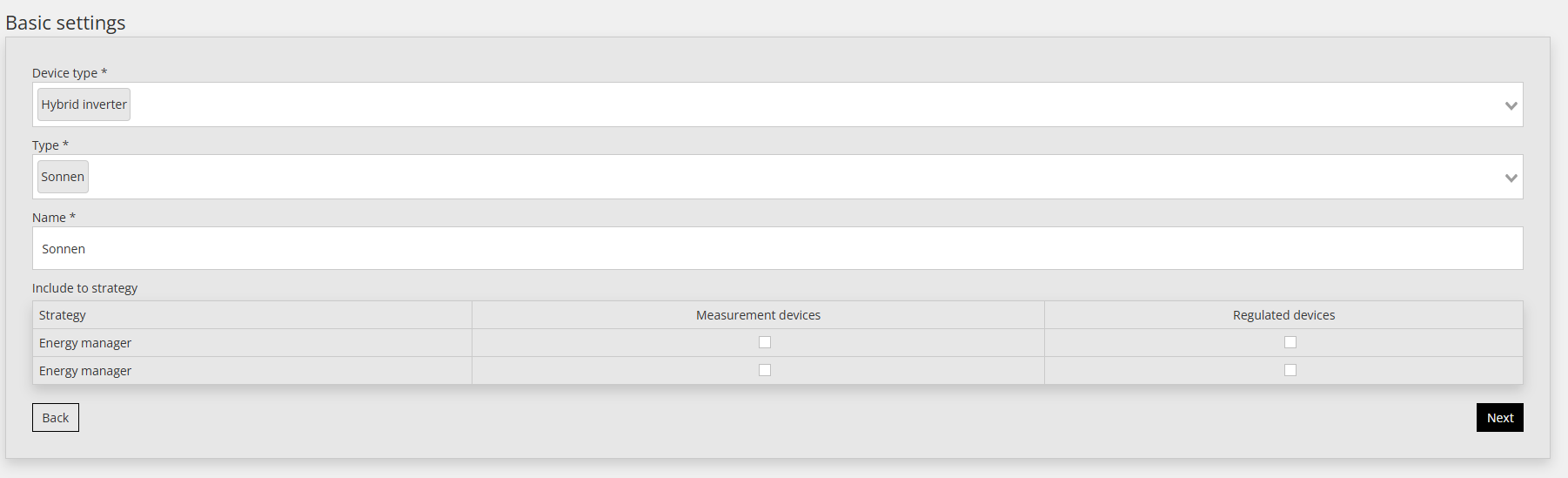 Reduxi Configurator, formuläret Basic settings: Device type, Type Sonnen, Name och tabellen Include in Strategy