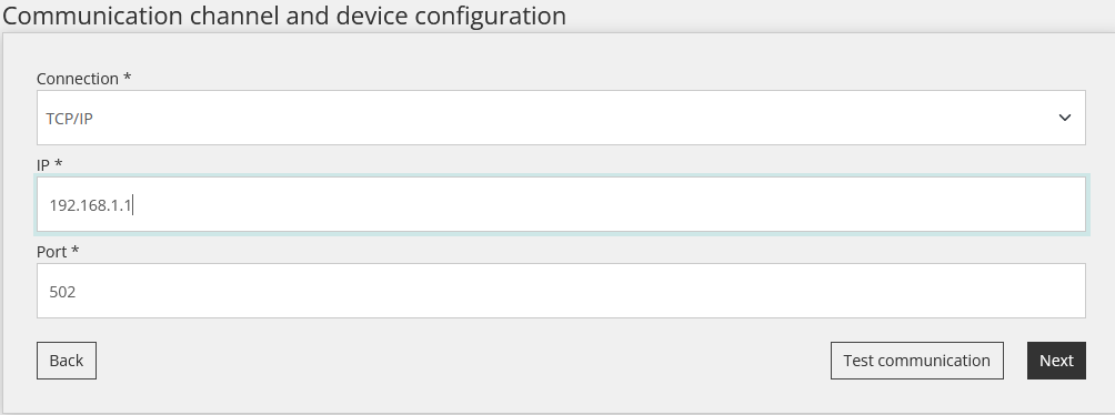 Komunikacijski kanal v Reduxi Configurator: TCP/IP, IP 192.168.1.1, vrata 502