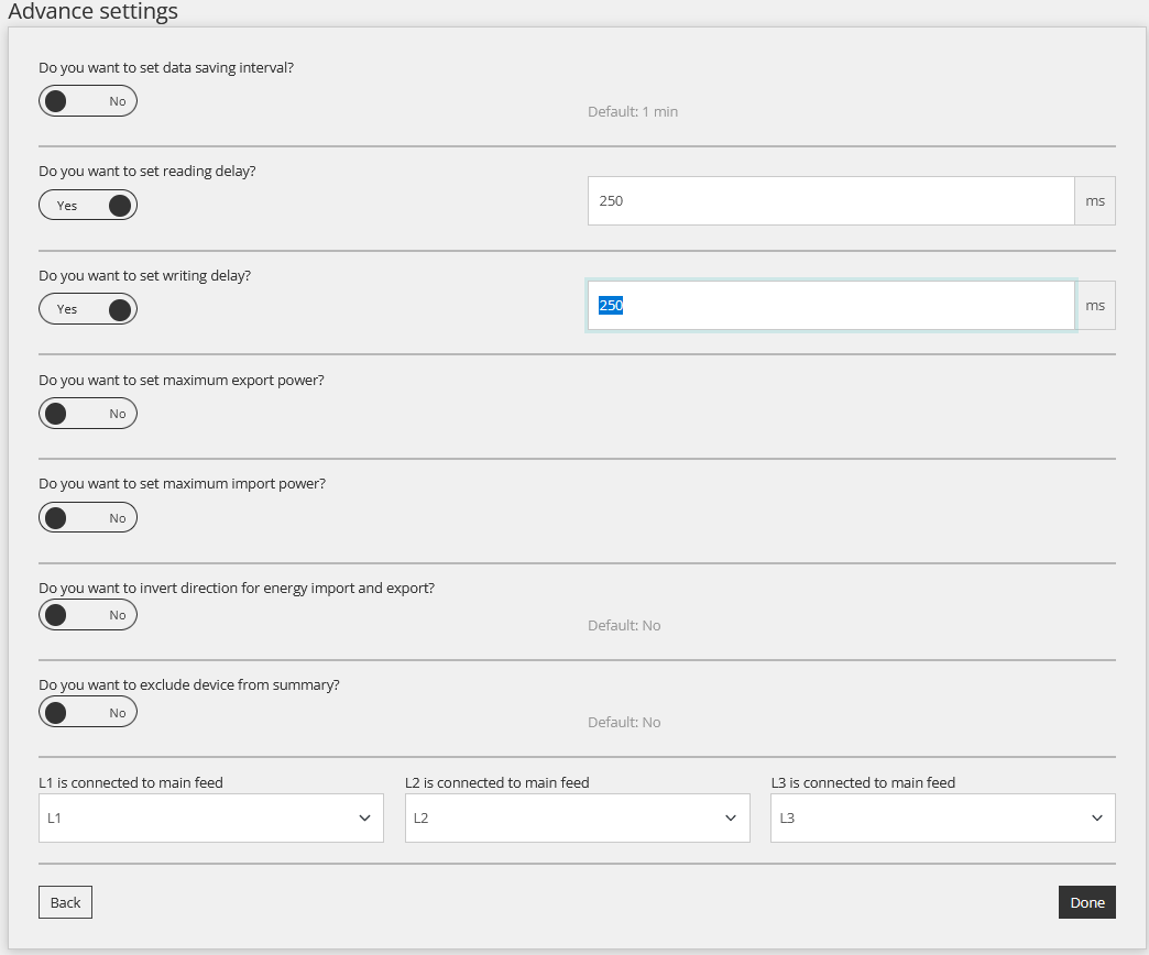 Advance settings v Reduxi Configurator: zakasnitev branja in pisanja Yes 250 ms, faze L1, L2, L3 preslikane na glavni dovod