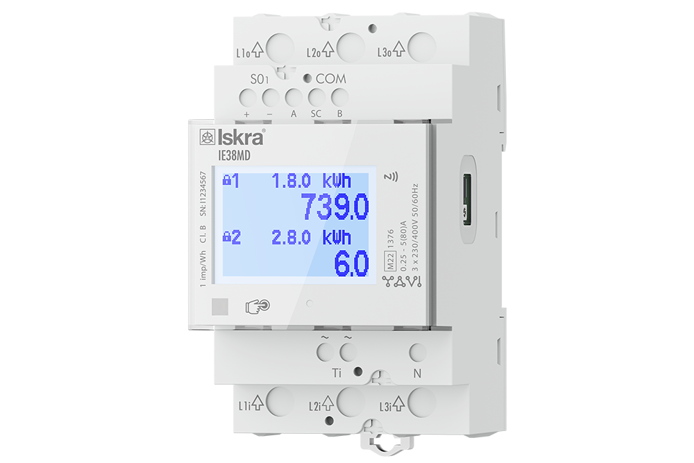 Електромер Iskra IE38MD, дисплеят показва 1.8.0 739.0 kWh и 2.8.0 6.0 kWh